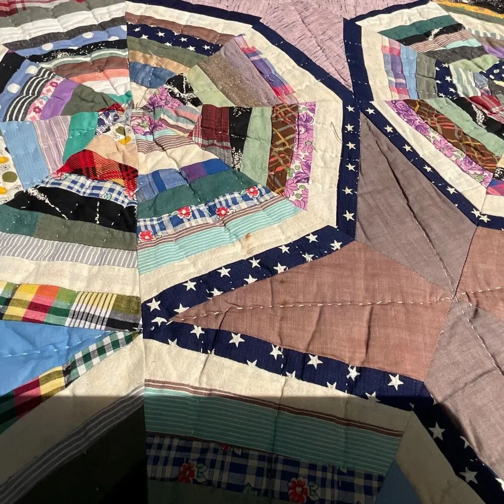 Vintage QUILT  Spider Web Octagon Blocks Boho Prints van life Hand Stitch 82x 65